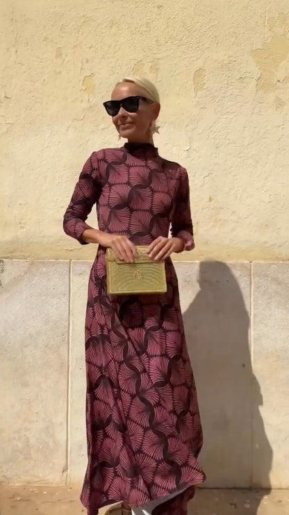Burgundy Geometric Print High-Neck Maxi Dress