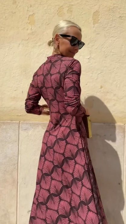 Burgundy Geometric Print High-Neck Maxi Dress