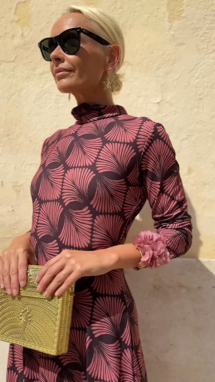 Burgundy Geometric Print High-Neck Maxi Dress