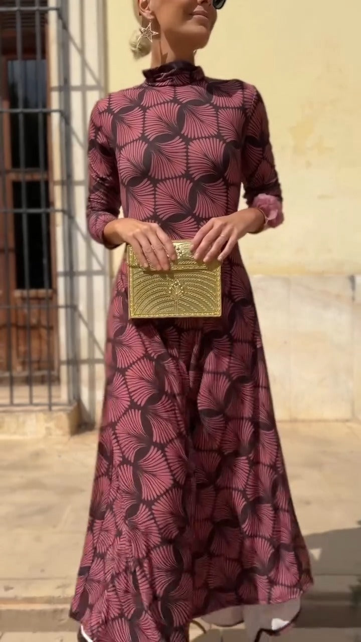 Burgundy Geometric Print High-Neck Maxi Dress