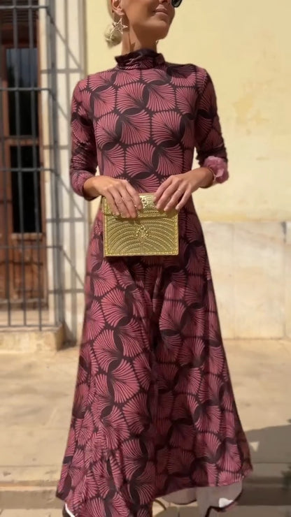 Burgundy Geometric Print High-Neck Maxi Dress