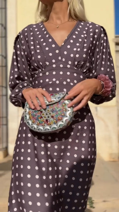 Mocha Polka Dot Puff-Sleeve Maxi Dress