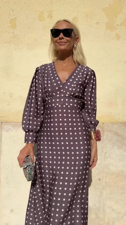 Mocha Polka Dot Puff-Sleeve Maxi Dress