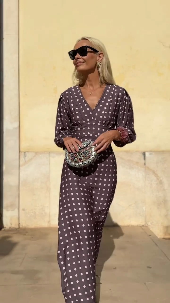 Mocha Polka Dot Puff-Sleeve Maxi Dress