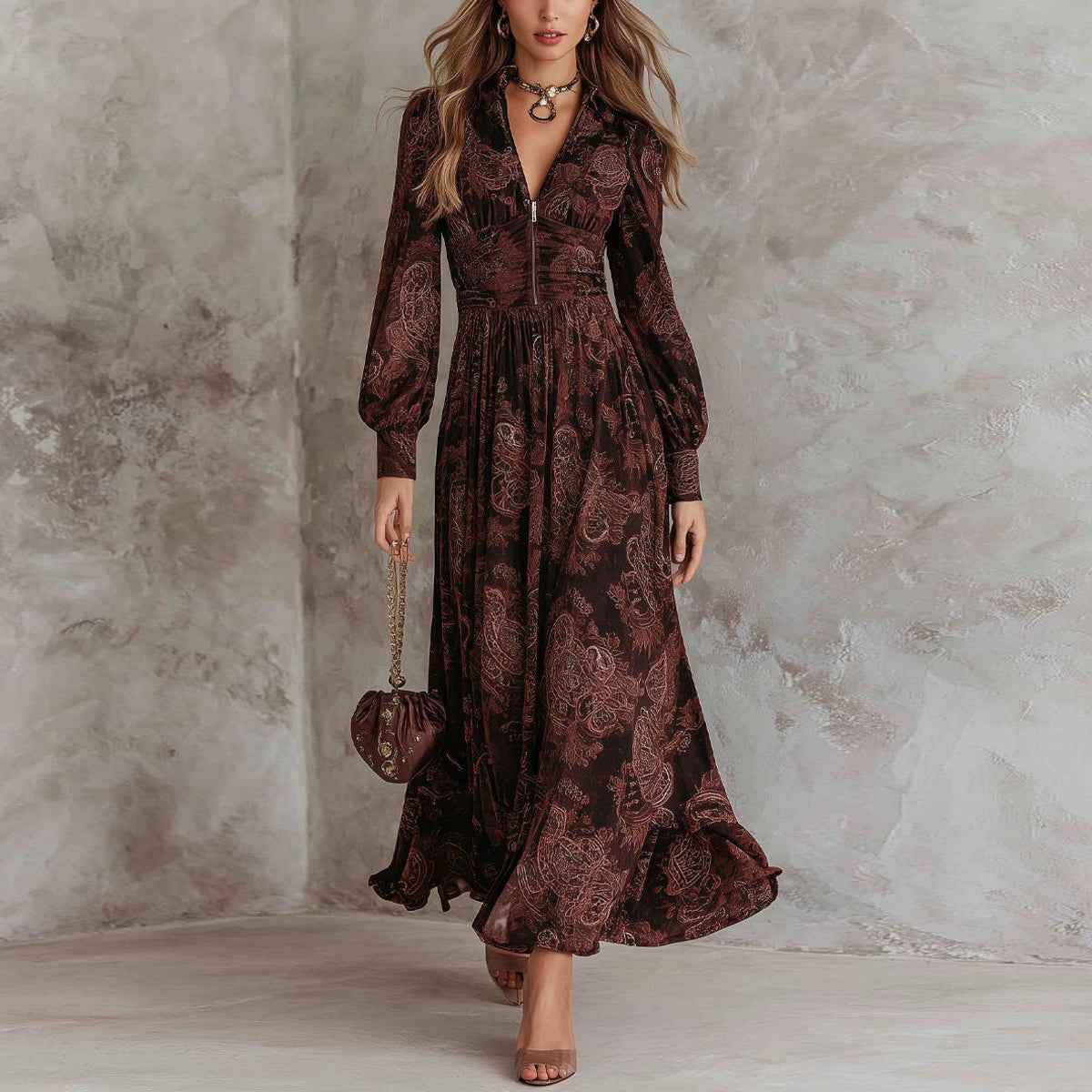 Dark Brown Paisley Print Long-Sleeve Maxi Dress