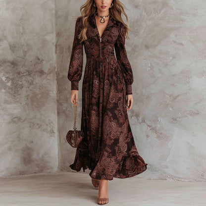 Dark Brown Paisley Print Long-Sleeve Maxi Dress