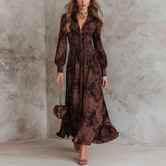 Dark Brown Paisley Print Long-Sleeve Maxi Dress