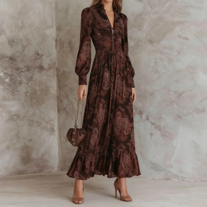 Dark Brown Paisley Print Long-Sleeve Maxi Dress