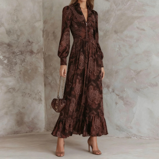 Dark Brown Paisley Print Long-Sleeve Maxi Dress