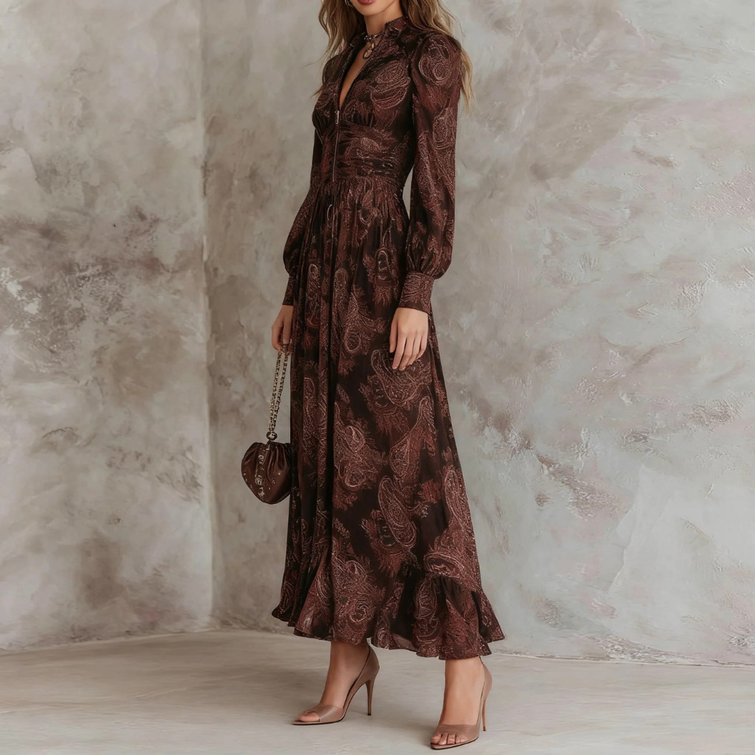 Dark Brown Paisley Print Long-Sleeve Maxi Dress