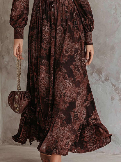 Dark Brown Paisley Print Long-Sleeve Maxi Dress