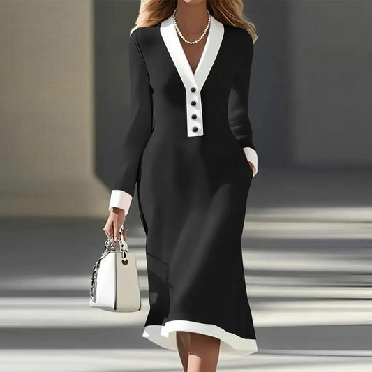 Black Long Sleeve Color Block Midi Dress