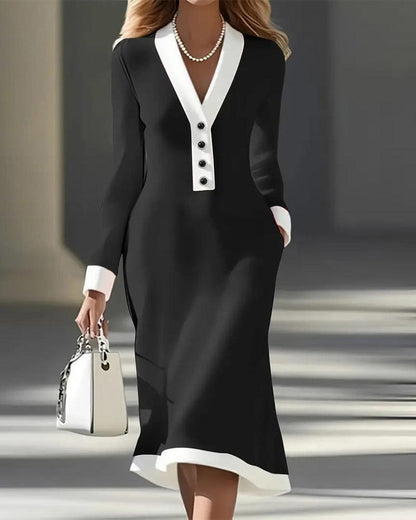 Black Long Sleeve Color Block Midi Dress