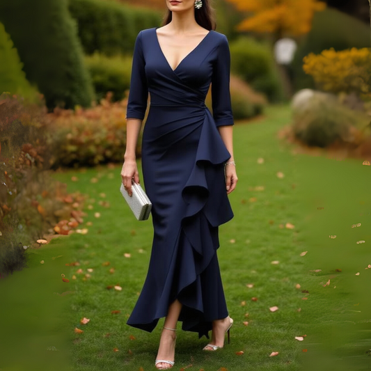 Navy Blue Ruffled Asymmetric Maxi Dress
