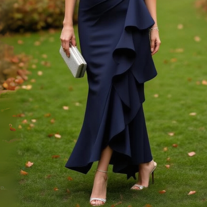 Navy Blue Ruffled Asymmetric Maxi Dress