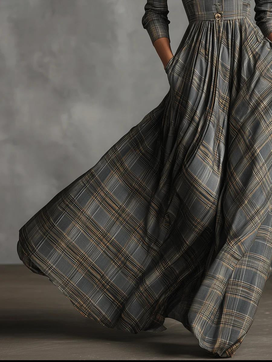 Retro Check Long Sleeve Maxi Dress