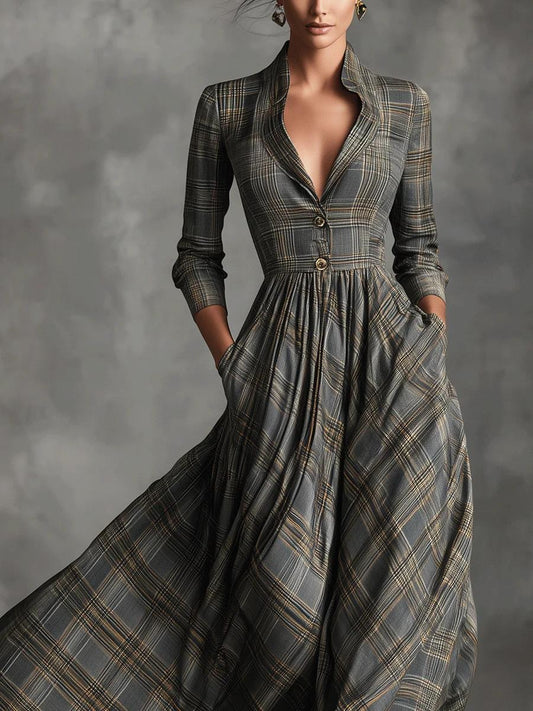 Retro Check Long Sleeve Maxi Dress