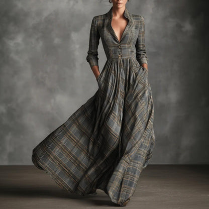 Retro Check Long Sleeve Maxi Dress