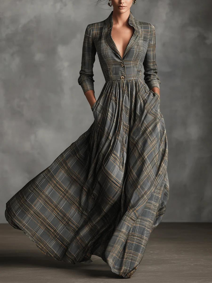 Retro Check Long Sleeve Maxi Dress