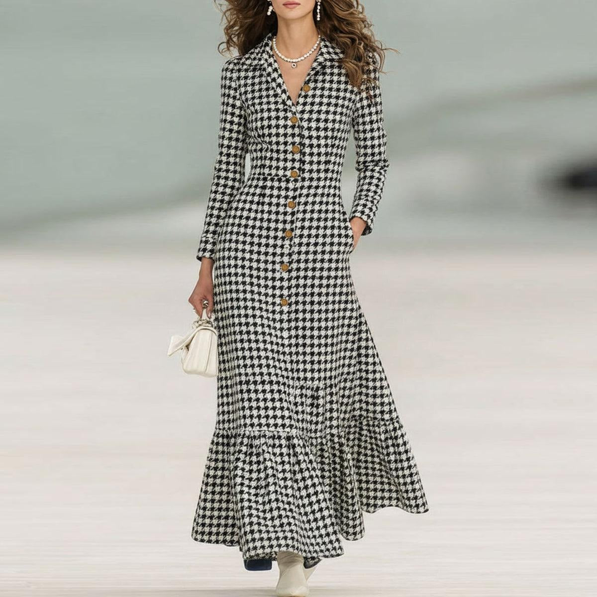 Chic Long Sleeve Houndstooth Maxi Dress