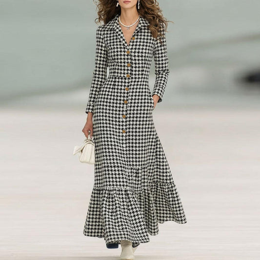 Chic Long Sleeve Houndstooth Maxi Dress