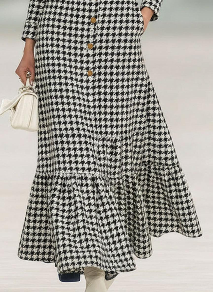 Chic Long Sleeve Houndstooth Maxi Dress