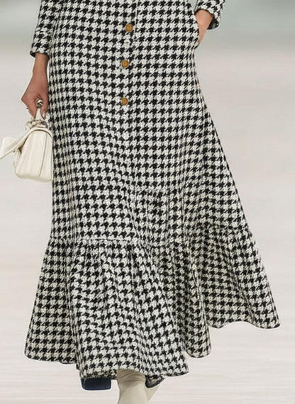 Chic Long Sleeve Houndstooth Maxi Dress