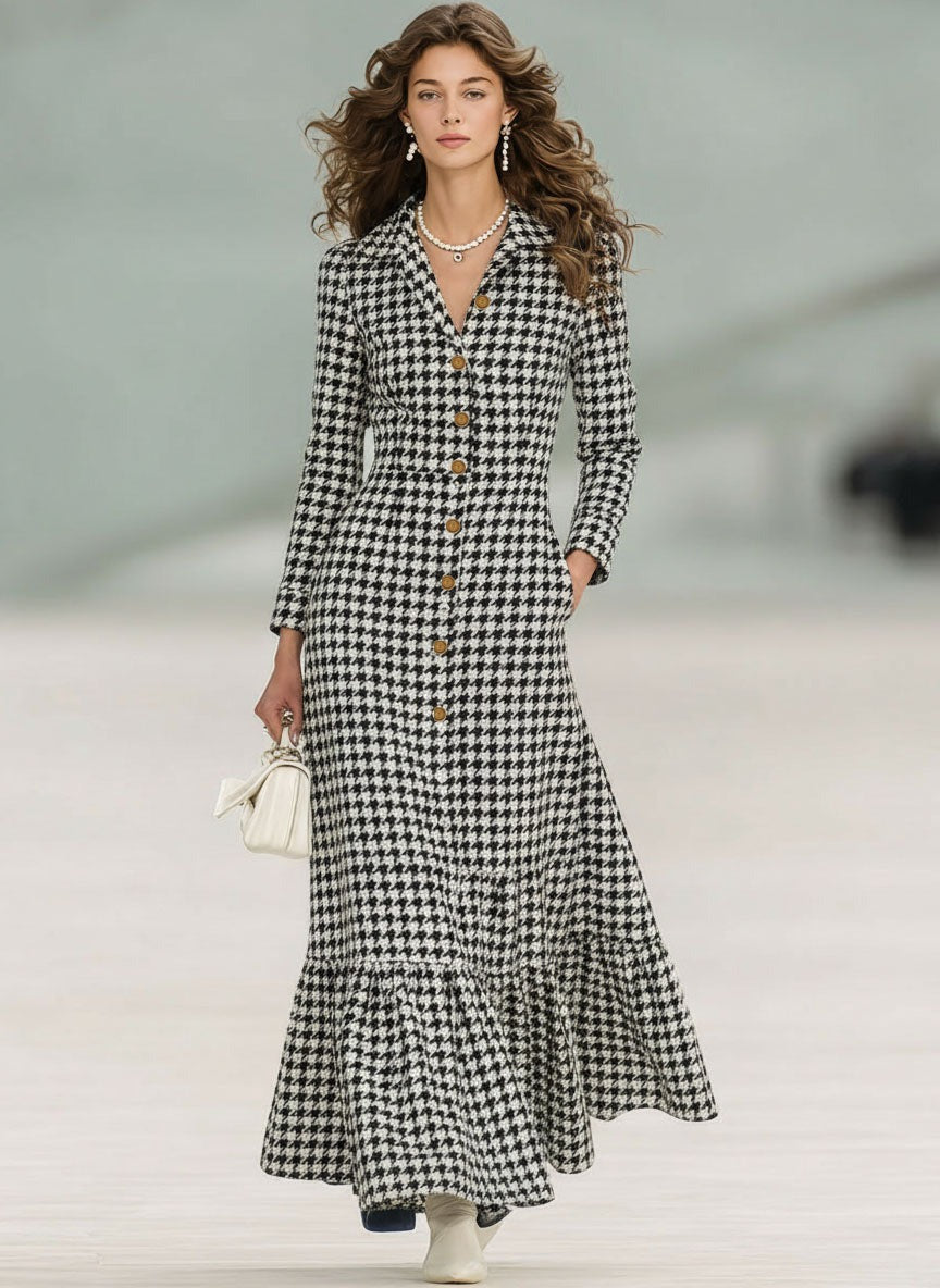 Chic Long Sleeve Houndstooth Maxi Dress