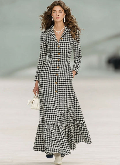 Chic Long Sleeve Houndstooth Maxi Dress