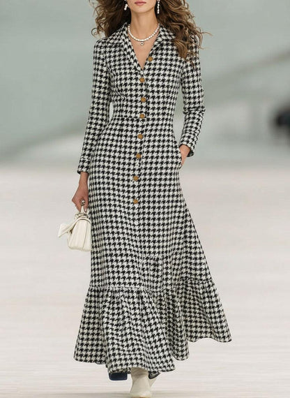 Chic Long Sleeve Houndstooth Maxi Dress