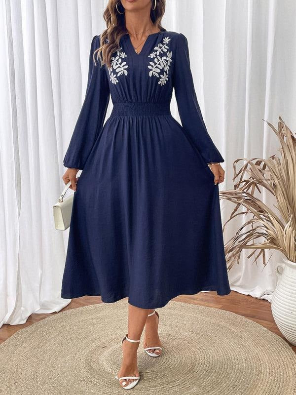 Blue Long Sleeve V-Neck Midi Dress