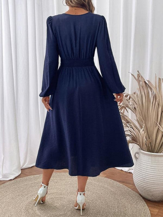 Blue Long Sleeve V-Neck Midi Dress