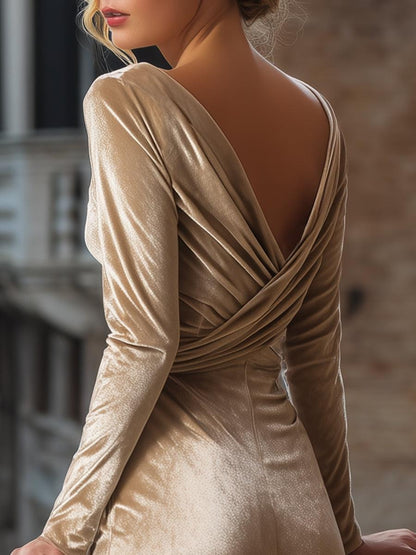 Blue Long Sleeve V-Neck Midi Dress