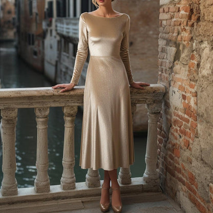 Blue Long Sleeve V-Neck Midi Dress