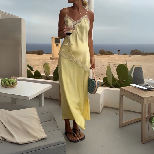 Yellow Lace-Trimmed Satin Slip Maxi Dress