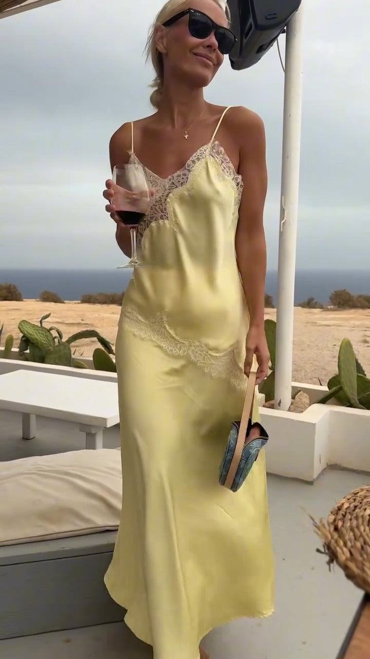 Yellow Lace-Trimmed Satin Slip Maxi Dress