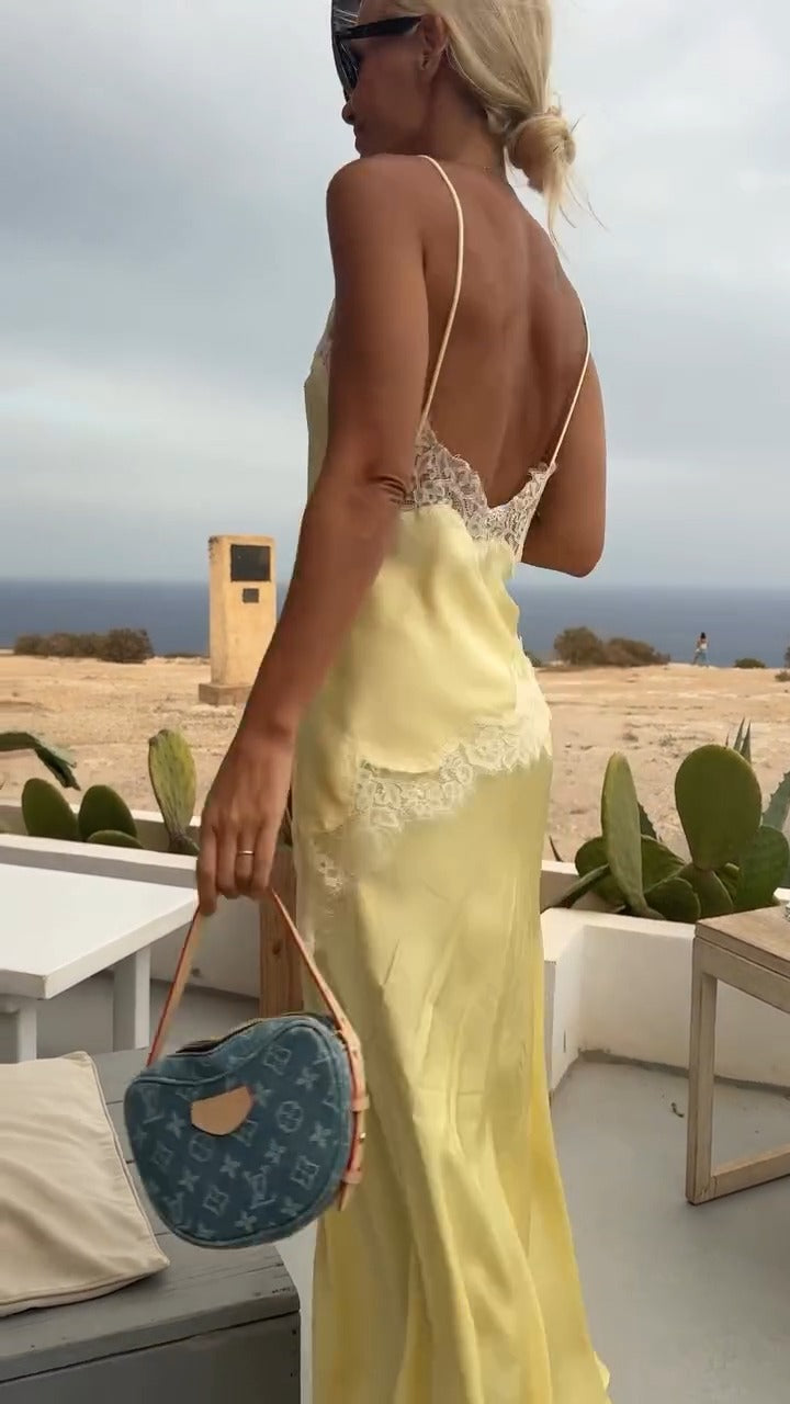 Yellow Lace-Trimmed Satin Slip Maxi Dress