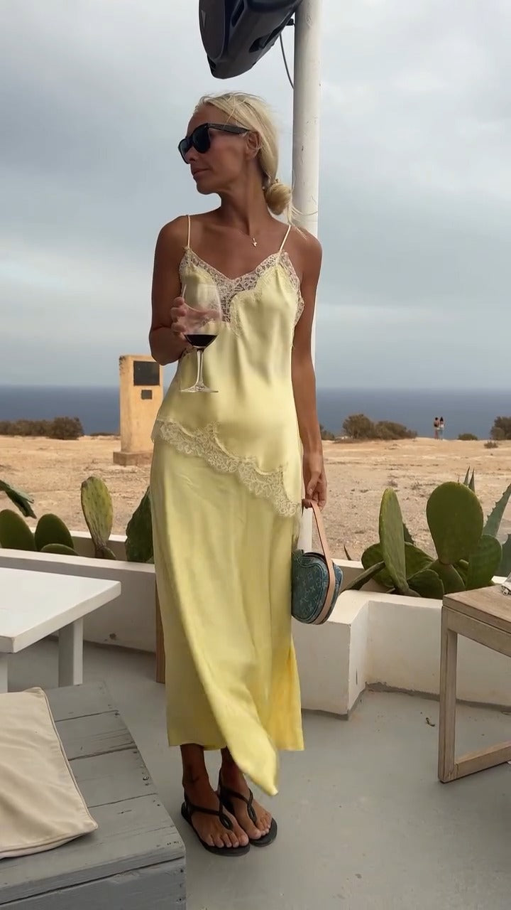 Yellow Lace-Trimmed Satin Slip Maxi Dress