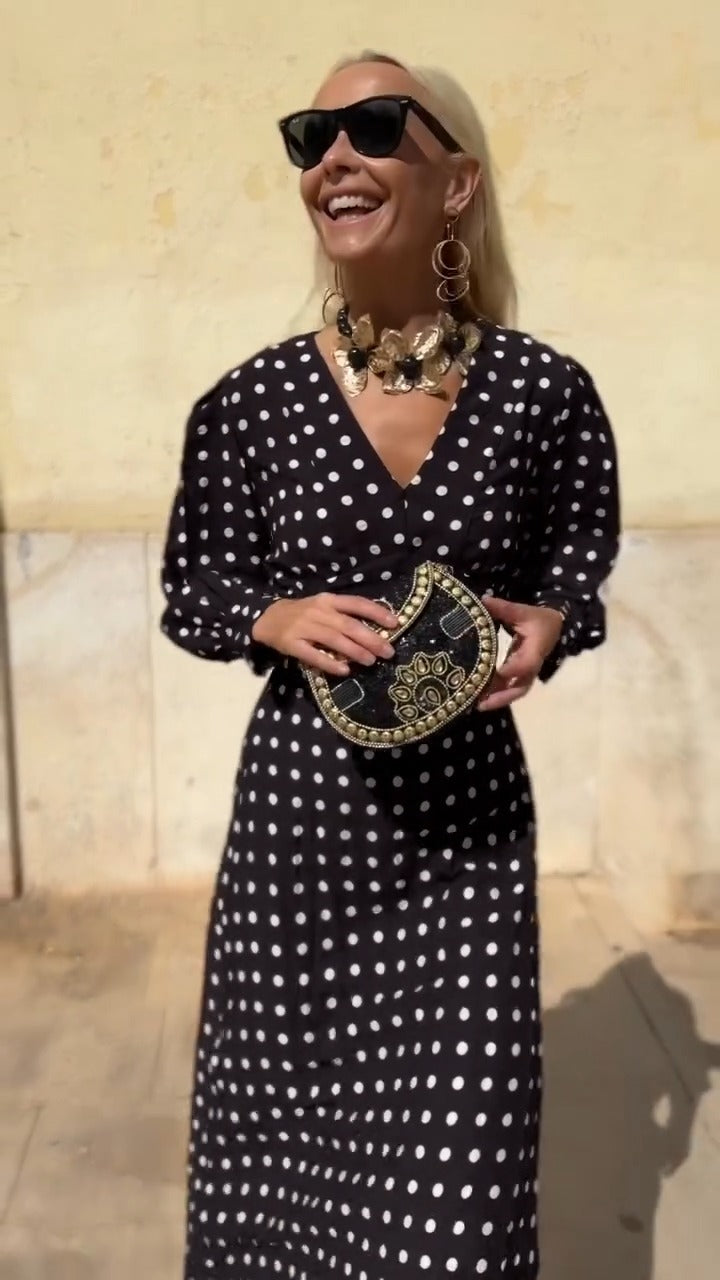 Black Polka Dot V-Neck Long-Sleeve Maxi Dress