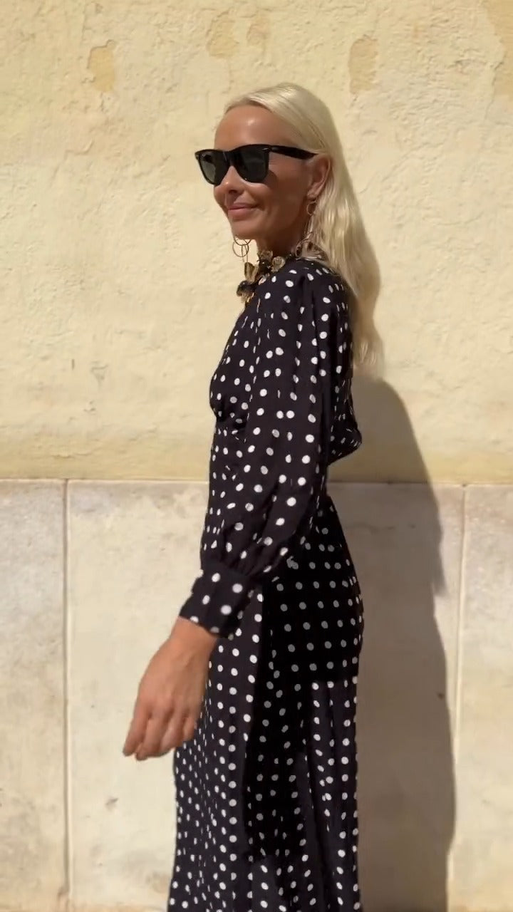 Black Polka Dot V-Neck Long-Sleeve Maxi Dress