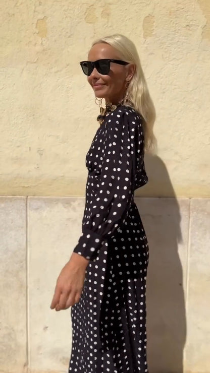 Black Polka Dot V-Neck Long-Sleeve Maxi Dress