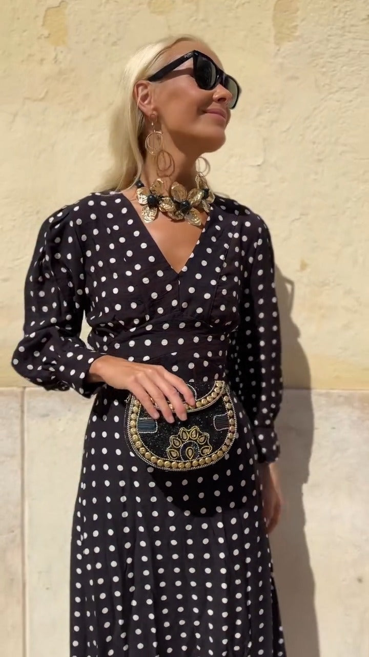 Black Polka Dot V-Neck Long-Sleeve Maxi Dress