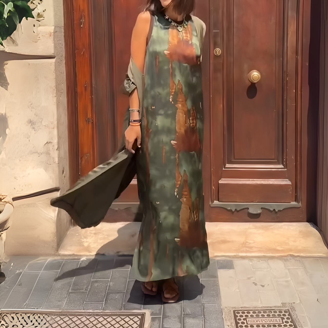 Green Brown Tie-Dye Sleeveless Maxi Dress