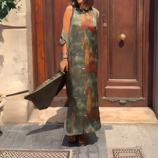 Green Brown Tie-Dye Sleeveless Maxi Dress