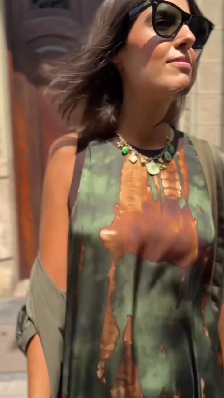 Green Brown Tie-Dye Sleeveless Maxi Dress