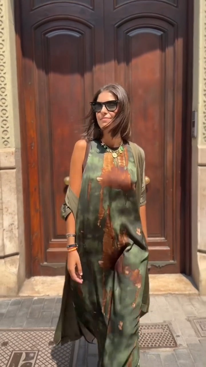 Green Brown Tie-Dye Sleeveless Maxi Dress