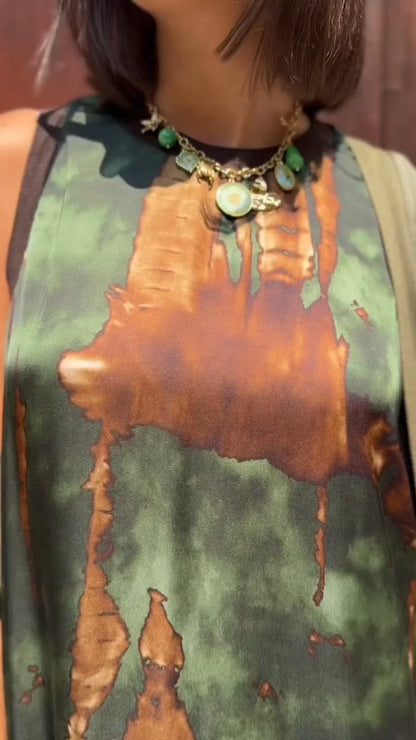 Green Brown Tie-Dye Sleeveless Maxi Dress