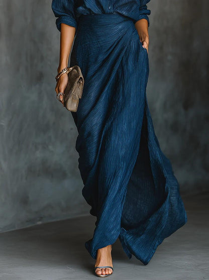 Blue Plain Long Sleeve Maxi Dress