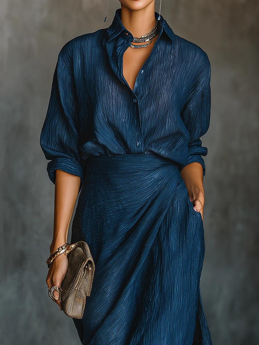 Blue Plain Long Sleeve Maxi Dress