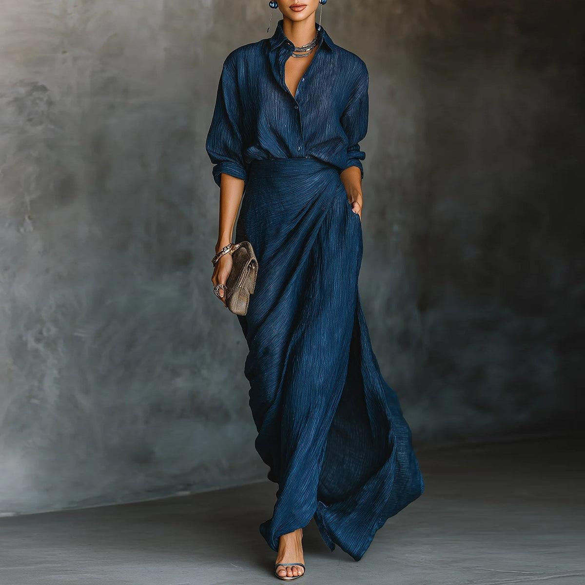 Blue Plain Long Sleeve Maxi Dress
